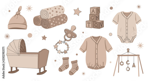 Comprehensive collection of baby nursery essentials includes a wooden cradle, clothes, toys, and soft accessories in tan.