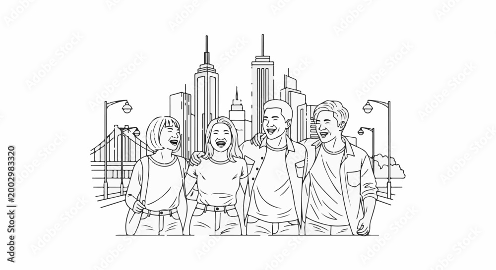 Obraz premium Four friends laughing together in a city