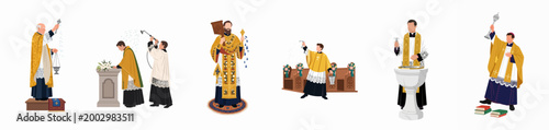 Foto Flat illustration set of Catholic priests and clergy performing religious ceremonies, blessings, and sacraments including baptism and incense rituals, isolated on white
