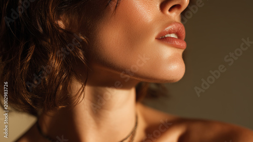 Captivating side profile showcasing a graceful jawline and elegant neck