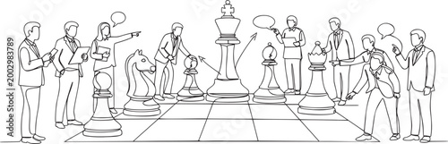Team Strategically Moving Chess Pieces Toward King Goal, Strategy Continuous Line Art