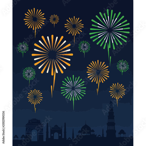 Indian Flag Colors Fireworks Over Delhi Skyline - Independence Day Celebration