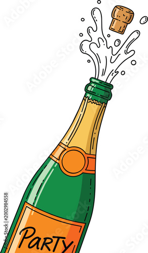 Champagne Bottle Popping with Flying Cork and Bubbling Drink Splash