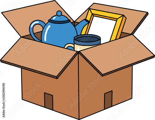 Cardboard Moving Box filled with Teapot Mug and Picture Frame