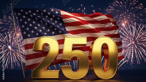 American Flag Fireworks Celebration with Gold Number 250