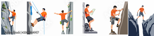 Set of vector illustrations showing a male rock climber performing various mountaineering activities such as bouldering, rappelling, and navigating on steep rocky cliffs.