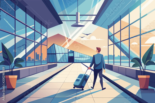 Minimalist flat vector illustration of traveler with backpack exploring journey adventure design