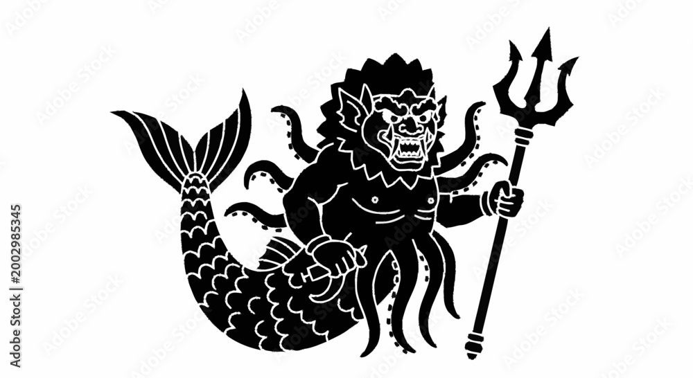 Fototapeta premium Mer man with trident weapon.