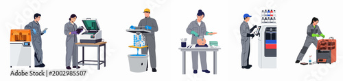 Set of professional workers operating various types of 3D printing equipment in an industrial laboratory or manufacturing setting, flat vector illustration.