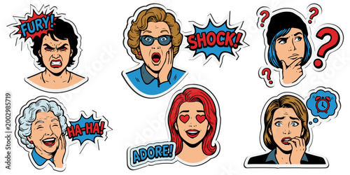 Pop art women emotions and facial expressions sticker set. Comic book style female characters showing fury, shock, confusion, laughter, adoration, and stress