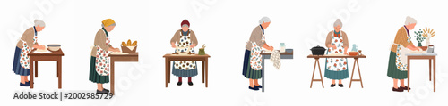 Vector illustration set featuring an elderly woman kneading dough, rolling pastry, and preparing homemade bread in a traditional floral apron.