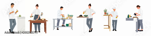 Collection of professional chefs in white uniforms preparing food, pouring olive oil, and cooking in a kitchen, flat vector illustration on white.