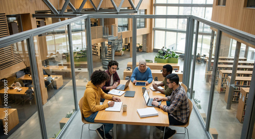 Diverse students collaborating in modern glass library