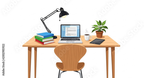 Organized Workspace with Laptop Desk Accessories and Plant.