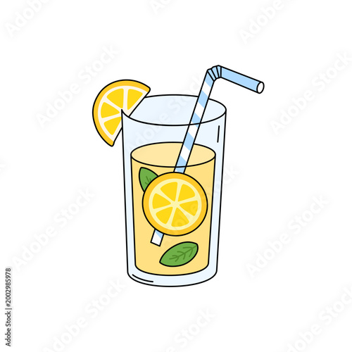Lemonade decorated lemon slice with mint leaves. Summer beverage. Refreshing drink or сocktail in glass with straw. Bright isolated vector illustration 