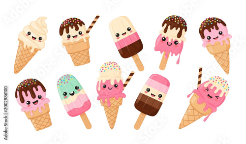 Cute kawaii ice cream and popsicles cartoon character set