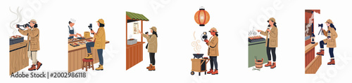 Illustrations of a female travel vlogger documenting and filming various street food experiences at outdoor stalls and markets.