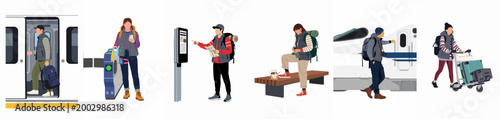 Flat illustration set of various travelers with backpacks and luggage navigating a train station, using ticket gates, and boarding high-speed trains.