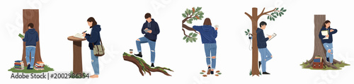 Collection of flat vector illustrations featuring young students engaged in study and leisure activities outdoors among trees and nature.