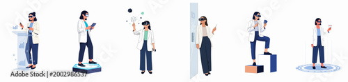 A collection of flat illustrations showcasing a businesswoman using virtual reality and augmented reality headsets for various professional and personal digital experiences.