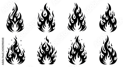 Set of Black Flame Icons, Fire Symbols, Burning Energy, Vector Illustration