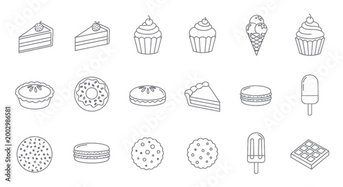 Sweet Treats Collection: Desserts, Cakes, Cookies, Ice Cream Icons Line Art