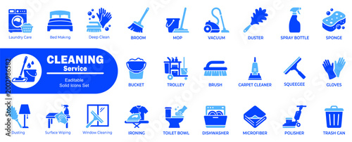 фотографія Cleaning service solid icon set including housekeeping tools professional laundry care residential janitorial equipment and home maintenance supplies