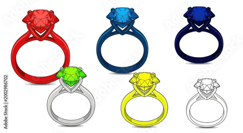 Colorful Gemstone Rings Collection: Red, Blue, Green, Yellow, and Diamond Sketch
