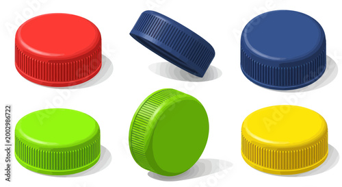 Colorful Plastic Bottle Caps Isolated on White Background, Top View