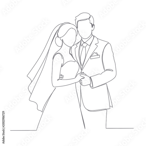 Continuous Line Drawing of a Bride and Groom, Wedding Couple Silhouette