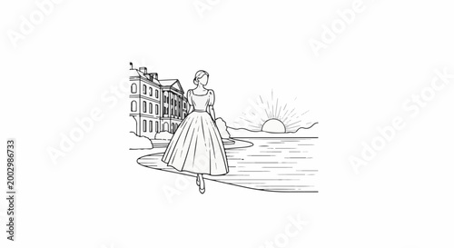 Woman in a full dress walks by a grand building near a sunrise over water