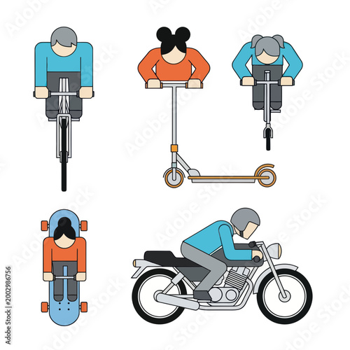 Diverse Urban Transportation Methods: Cycling, Scooting, Skateboarding, Motorcycling
