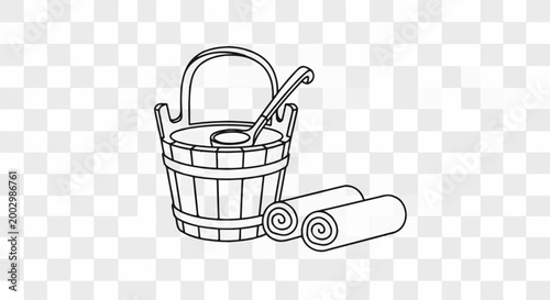 Wooden bucket with ladle and rolled towels, line art depiction of sauna accessories