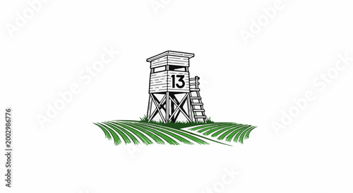 Wooden hunting stand numbered 13 sits atop a grassy hill amidst stylized green fields