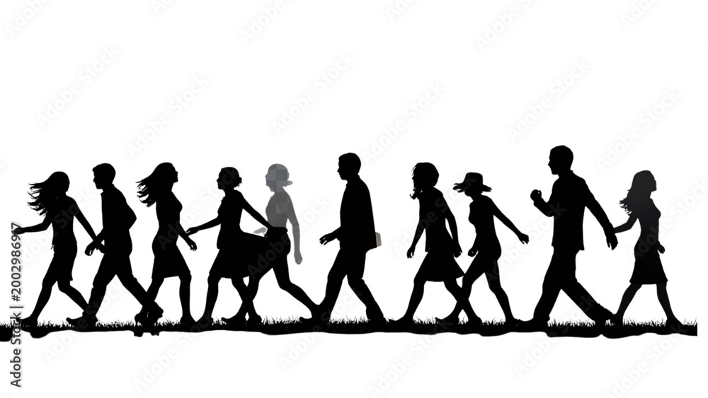 Obraz premium PNG Silhouettes of people walking on transparent background