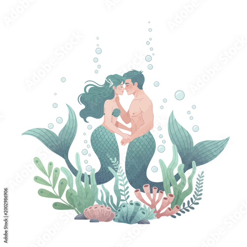 Romantic Mermaid Couple Embracing Underwater Among Coral and Seaweed