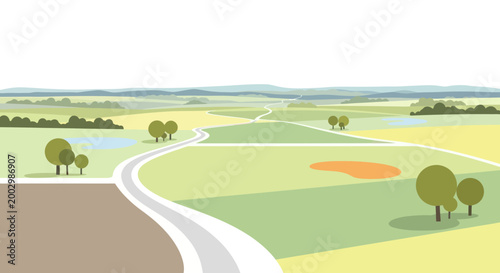 Rolling Hills Landscape with Winding Road and Trees in Flat Design