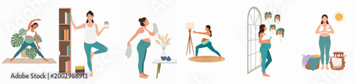 Flat vector illustrations of a pregnant woman practicing yoga, stretching, and mindful wellness routines in various domestic settings for health and relaxation.