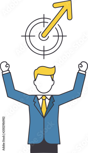 Businessman celebrating success with target and arrow pointing upwards