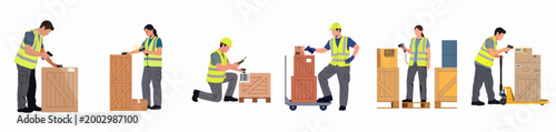Collection of Warehouse Workers Scanning Boxes and Managing Inventory with Handheld Barcode Readers and Pallet Jacks on a White Background