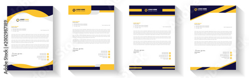 Set of four modern letterhead templates with yellow and dark blue design elements on white background for business correspondence  professional layouts with sample text and logo space