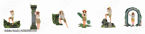 Collection of flat vector illustrations featuring adventurers and photographers exploring ancient jungle ruins and temple sites, isolated on a white background.