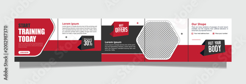 Start training today with motivating fitness graphics and promotional elements including best offers discounts and contact information for a sports or gym promotion banner