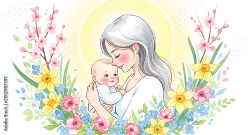 Mother tenderly holds newborn baby surrounded by vibrant flowers and greenery