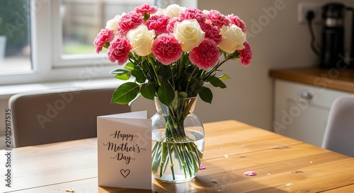 Roses in vase on table near Mother's Day card by window