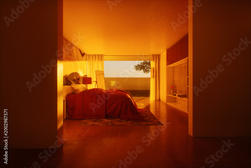 Foto Modern bedroom with a double bed and glass sliding door lit during golden hour