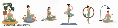 Collection of illustrations depicting a woman practicing yoga, meditation, and self-care activities for physical and mental wellness.