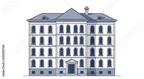 Classic four story stone building illustration with many windows and a grey roof isolated on a white background for urban design.