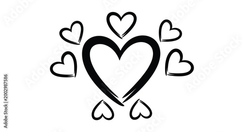 Simple black hand drawn heart outline with smaller hearts around it for love romance and Valentines Day decorations.