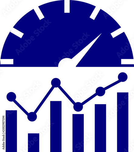 Blue Metrics Icon Featuring Speedometer Performance Gauge, Bar Graph, and Line Chart for Business Analytics and Data Tracking